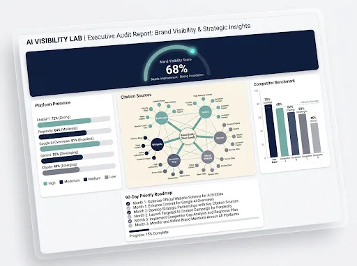 AI Visibility Audit Dashboard Report showing visibility score, platform presence, citation sources, and competitor benchmark.
